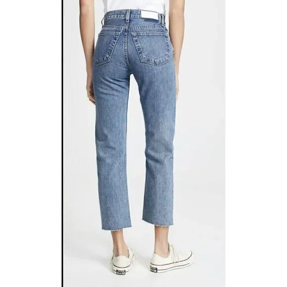 Re/Done Women's Sz 26 Blue Stove Pipe Crop Button Fly Raw Hem Denim Jeans $265 - Picture 10 of 10